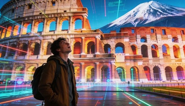 Man standing with backpack at neon-mapped colosseum blended with mount fuji projection