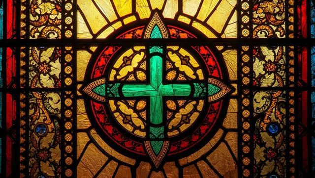 Intricate stained glass with vibrant cross in chapel setting