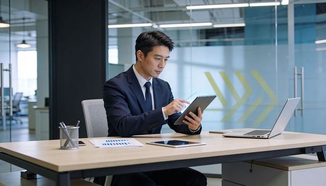 Asian executive reviewing tablet at modern office desk with laptop and financial charts