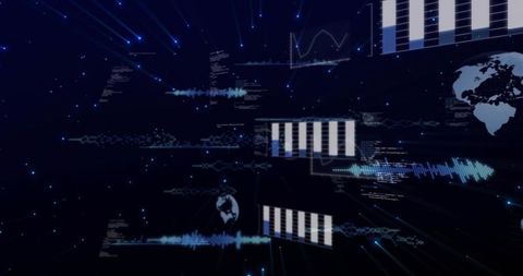 Futuristic 3d data visualization with floating holographic waveforms, bar charts, globe