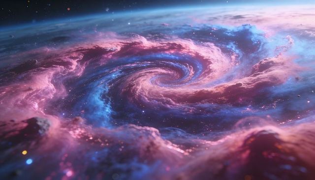 Swirling Cosmic Vortex Above Planet Limb in Magenta and Blue Nebula Cloudscape
