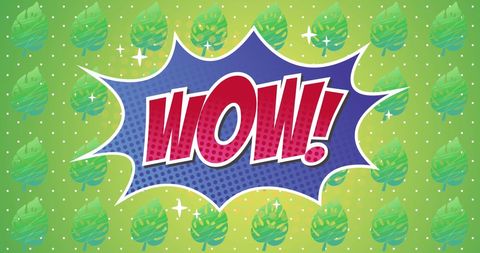Colorful Comic-Style Wow Text with Stars and Leaves