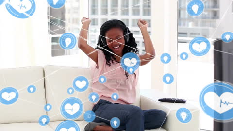 Joyful Woman Online Networking with Abstract Media Icons