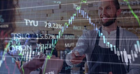 Barista Processing Payment with Overlay of Stock Market Data