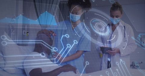 Healthcare Technology: Nurse Monitoring Patient with Digital Data Overlay