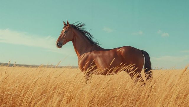 Majestic Chestnut Horse in Golden Meadow with Blue Sky