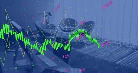 Financial Data Processing Overlays in Dimly Lit Office