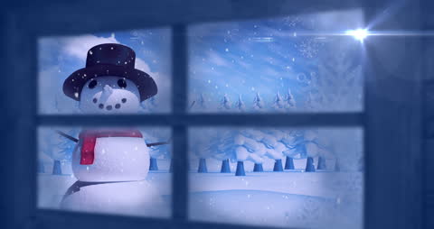 Snowman Viewed Through Window with winter Forest and Falling Snow