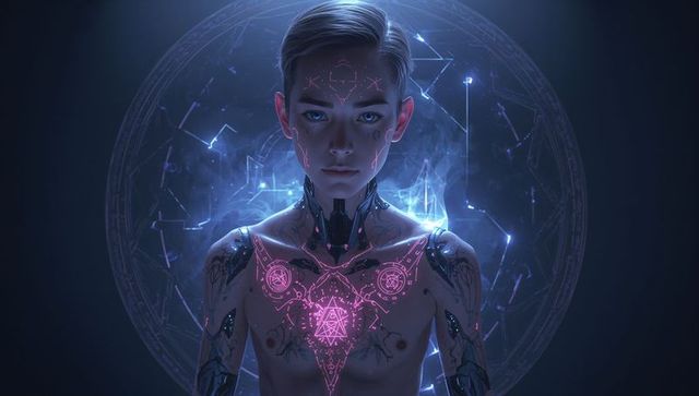 Cyberpunk Teen Male Cyborg with Glowing Tattoos