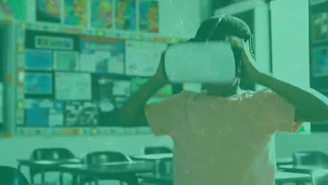 Child Exploring Classroom with VR Headset Innovation and Learning