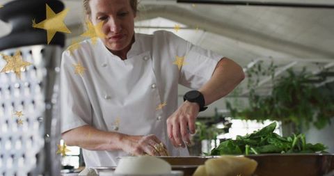 Female Chef Kneading Dough Under Canopy with Fresh Greens, Rustic Utensils, Sunlit Kitchen