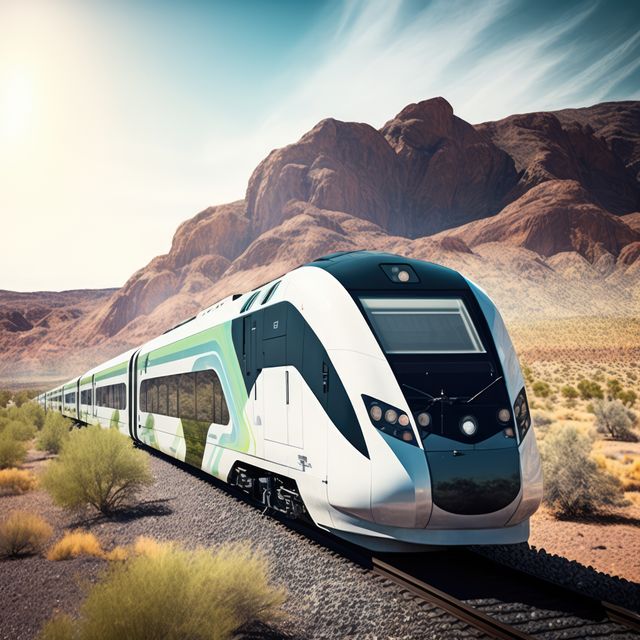 Image of modern train on tracks over mountains and blue sky, created using generative ai technology. Transport, travel and train, digitally generated image.