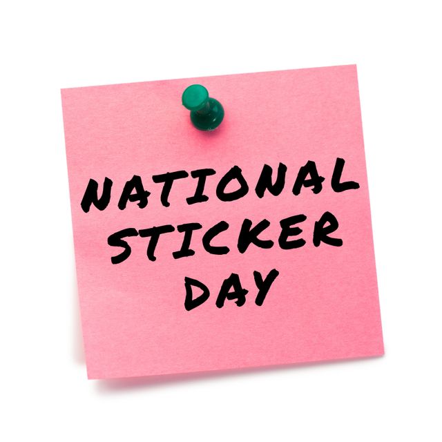 Vibrant pink sticky note with thumbtack announcing National Sticker Day. Ideal for promotional material, educational phttps://chat.opening campaigns, office reminders, and celebratory social media posts.