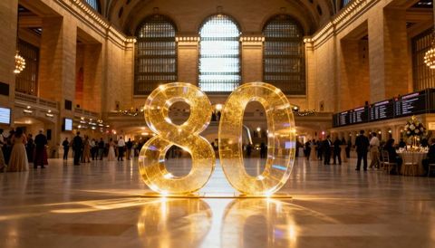 Glowing golden 80 sculpture casting warm light in grand station concourse at gala