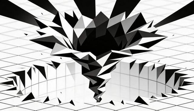Monochrome faceted vortex tearing through tiled grid plane with polygonal shards