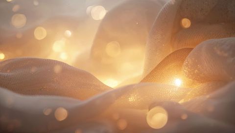 Bathing cream-beige sheer mesh fabric glowing in warm backlight with golden bokeh