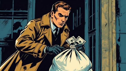 thematic image portraying a clandestine bank robber pulling dollar bills from a sack while wearing a trench coat. suitable for projects involving themes of secrecy, espionage, noir-style storytelling, or financial intrigue. ideal for book covers, posters, or illustrative content in detective or suspense narratives.