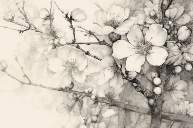 White blossom on white background, created using generative ai technology. Flower, spring, nature and drawing concept digitally generated image.