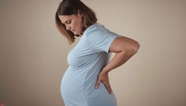 Expecting mother holding back in blue maternity tee