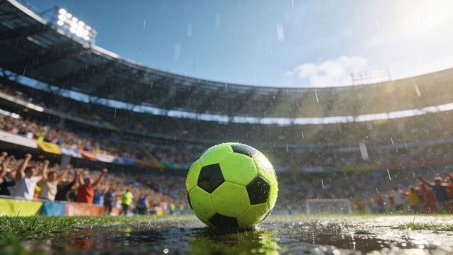 Sitting neon green soccer ball glistening on rain-soaked pitch with cheering crowd