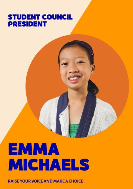 Young girl confidently running for student council president, inspiring peers with a motivating slogan. Ideal for educational materials, school campaigns, leadership programs, or motivational content for students.
