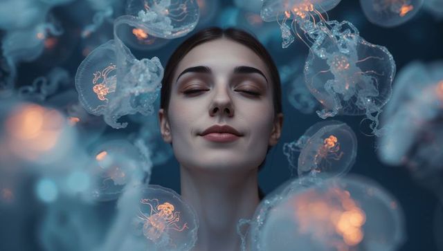 Serene woman meditating among bioluminescent jellyfish floating in deep blue aquarium