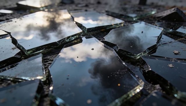 Glistening tempered glass shards reflecting dramatic cloud sky on wet dark surface