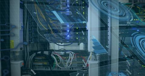 Showing populated network rack with stacked switches, bundled cables and glowing LEDs