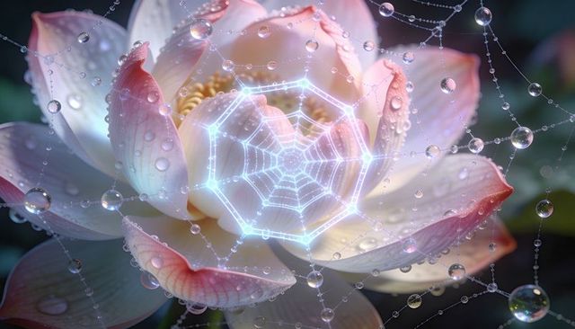 Bioluminescent Lotus Blossom with Dewdrops and Glowing Geometric Web Macro, Ethereal