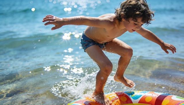 Curly-haired boy balancing on colorful inflatable ring in shallow sea, summer fun