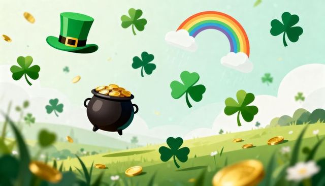 St patrick's day pot of gold spilling coins across rolling green meadow with rainbow