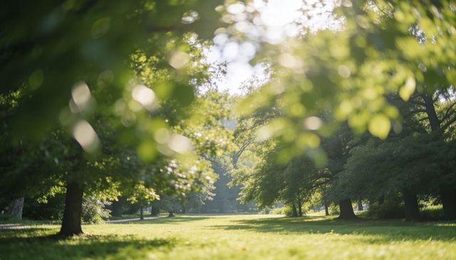 Sunlit park meadow with backlit canopy, sunbeams and dappled bokeh light