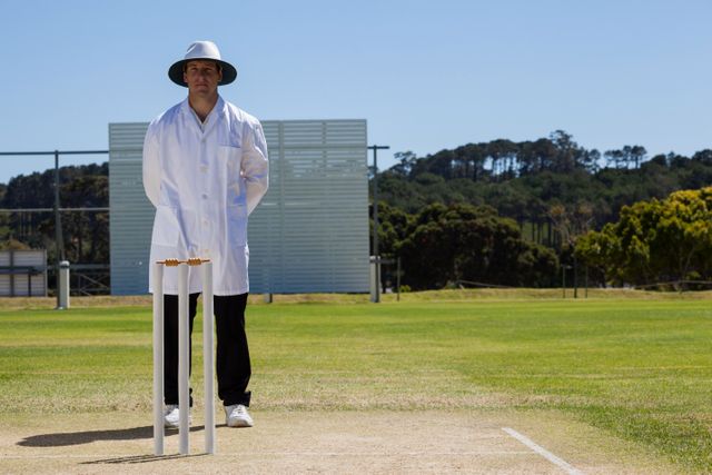 Umpire standing behind stumps on a cricket field during a sunny day. Ideal for use in sports-related articles, cricket training materials, promotional content for cricket events, or illustrating the role of officials in cricket.