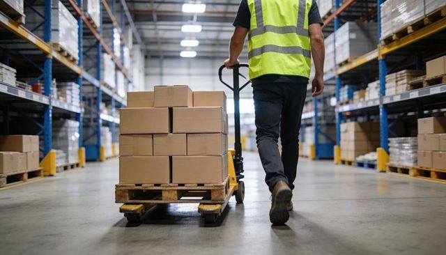 Warehouse worker pushing pallet jack with boxes down aisle for logistics