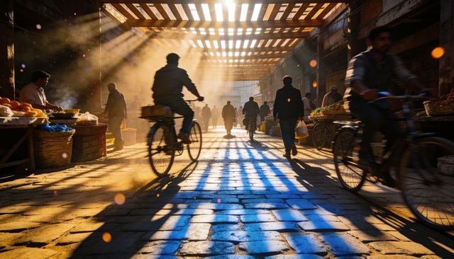 Backlit market alley at sunrise with cyclists and dramatic sunbeams casting shadows