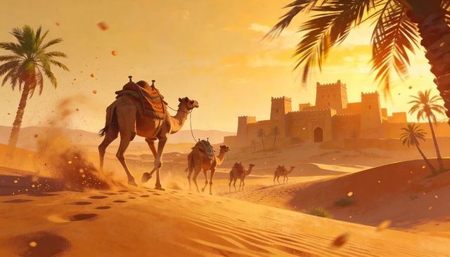 Sunset caravan crossing desert dunes toward ancient kasbah with ornate saddles in golden light