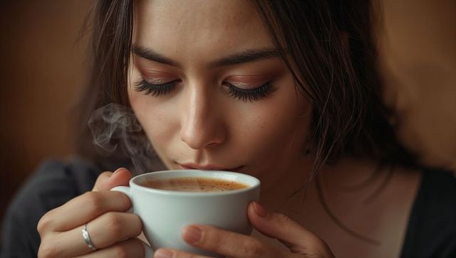 Young woman savoring steaming cup of coffee closeup intimate portrait