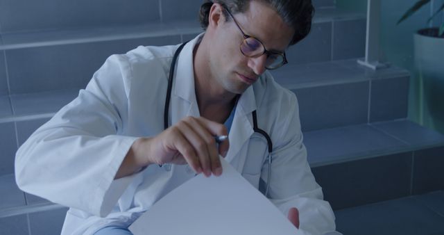 Tired Doctor Reviewing Medical Documents on Staircase - Download Free Stock Images Pikwizard.com