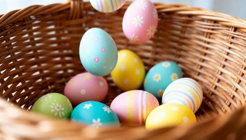 Pastel easter eggs nestled in woven wicker basket with floral patterns and soft spring light