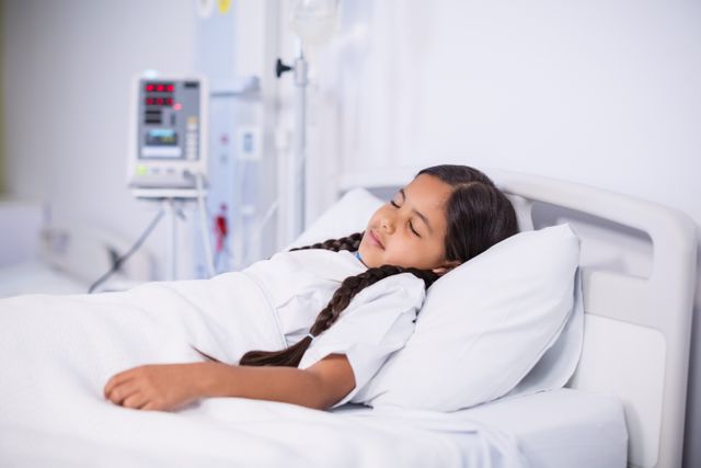 Young girl with long hair sleeping peacefully in a hospital bed. IV drip and medical equipment visible in the background. Ideal for use in healthcare, medical, pediatric care, and hospital-related content.