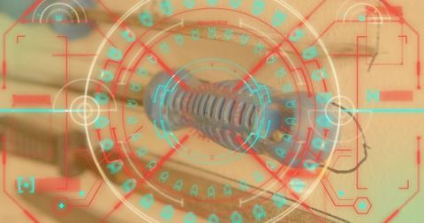 Futuristic hud over coiled cable connector on control panel