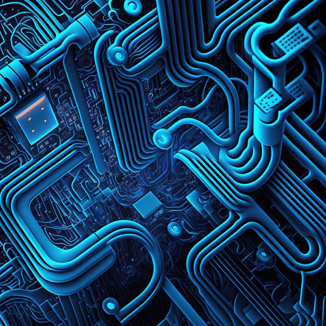 Image of 3d computer circuit board and blue light trails on dark background. Computing and data processing concept created using generative ai technology.