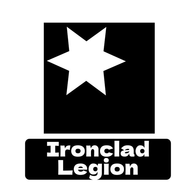 This logo features a bold white star within a black square, coupled with 'Ironclad Legion' text in white on black background. Ideal for organizations looking to establish a strong and recognizable identity, it works well for branding materials, websites, marketing collateral, and promotional items.