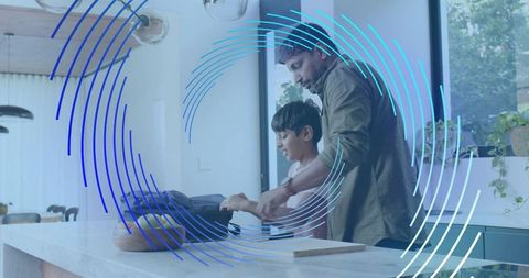 Father Guiding Son Packing Backpack on Marble Kitchen Island Teaching Morning Routine