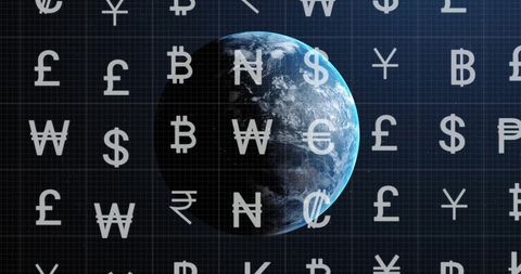 Global currency symbols overlay on earth with digital data