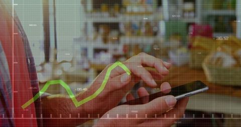 Male Hands Tapping Smartphone with Retail Analytics Overlay Showing Rising Green Graph