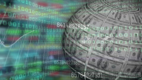 Globe of Spinning Dollar Bills with Digital Codes Overlaid