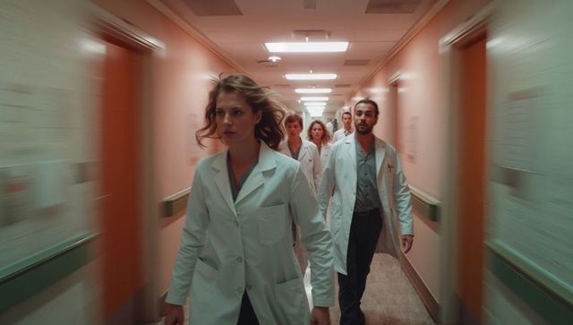 Doctors walking with determination down hospital corridor