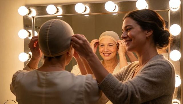 Senior woman adjusting beige wig cap at illuminated vanity with caregiver assisting warmly