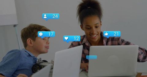 Teen students collaborating on laptop and robotics with social media notification overlays